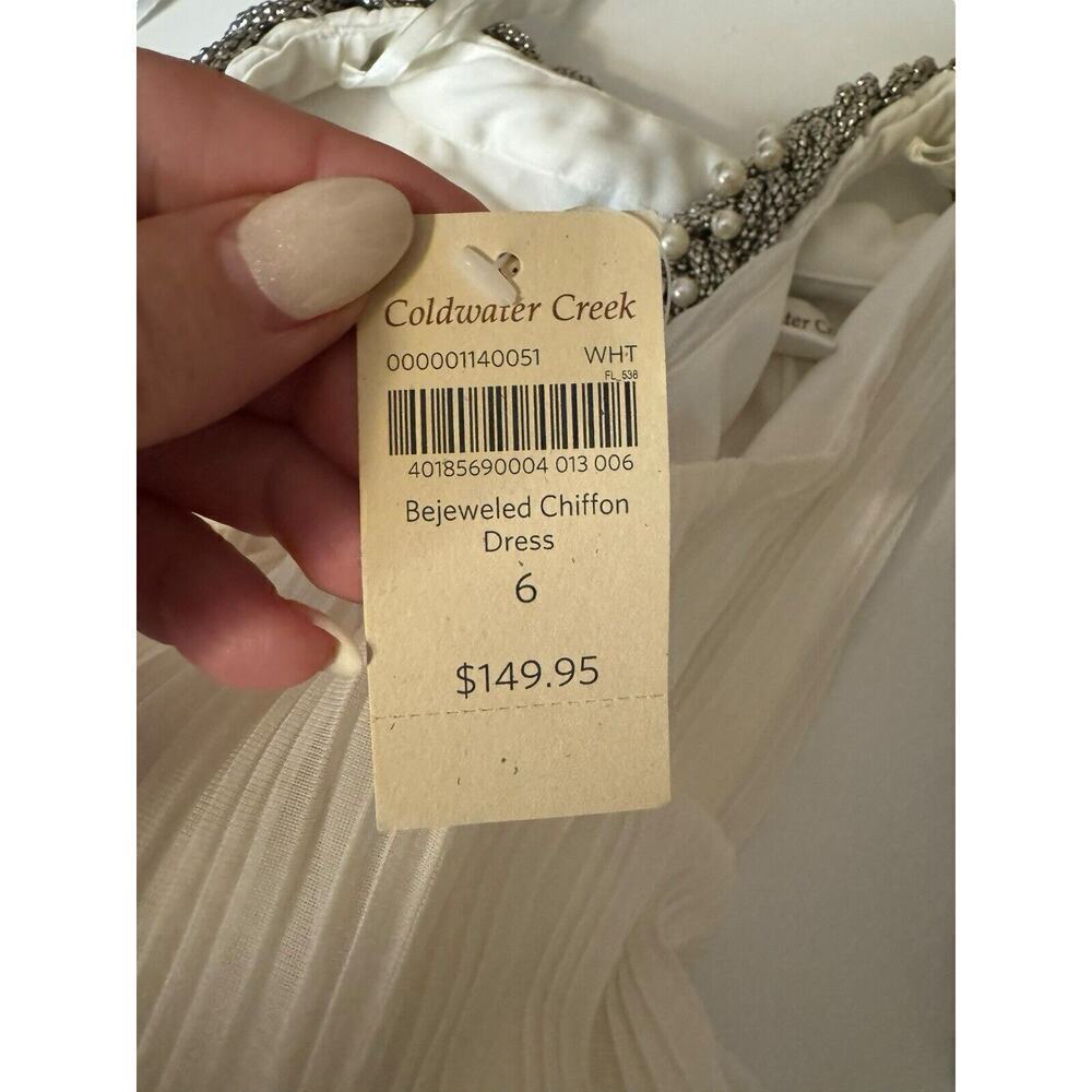 Coldwater Creek NEW Chiffon Dress White Size 6 Bejeweled Swing Shift Babydoll - Picture 7 of 7